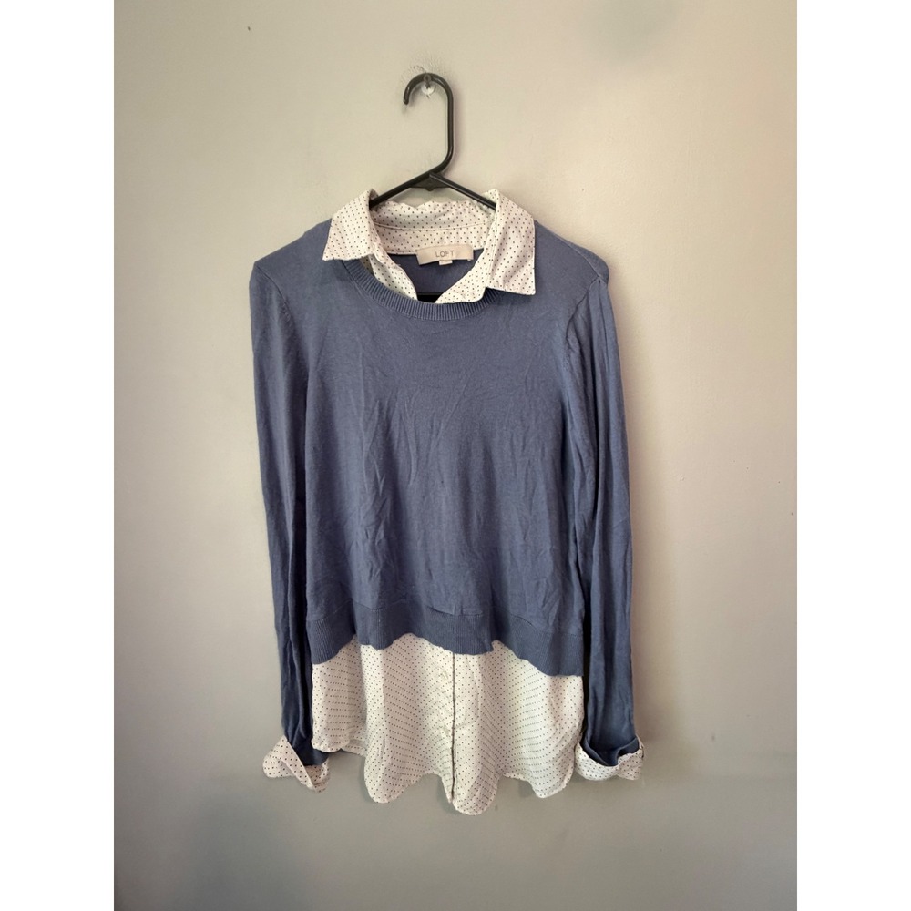 Ann Taylor LOFT Womens Blue Mixed Media Polka Dot Layered Sweater Top Size M